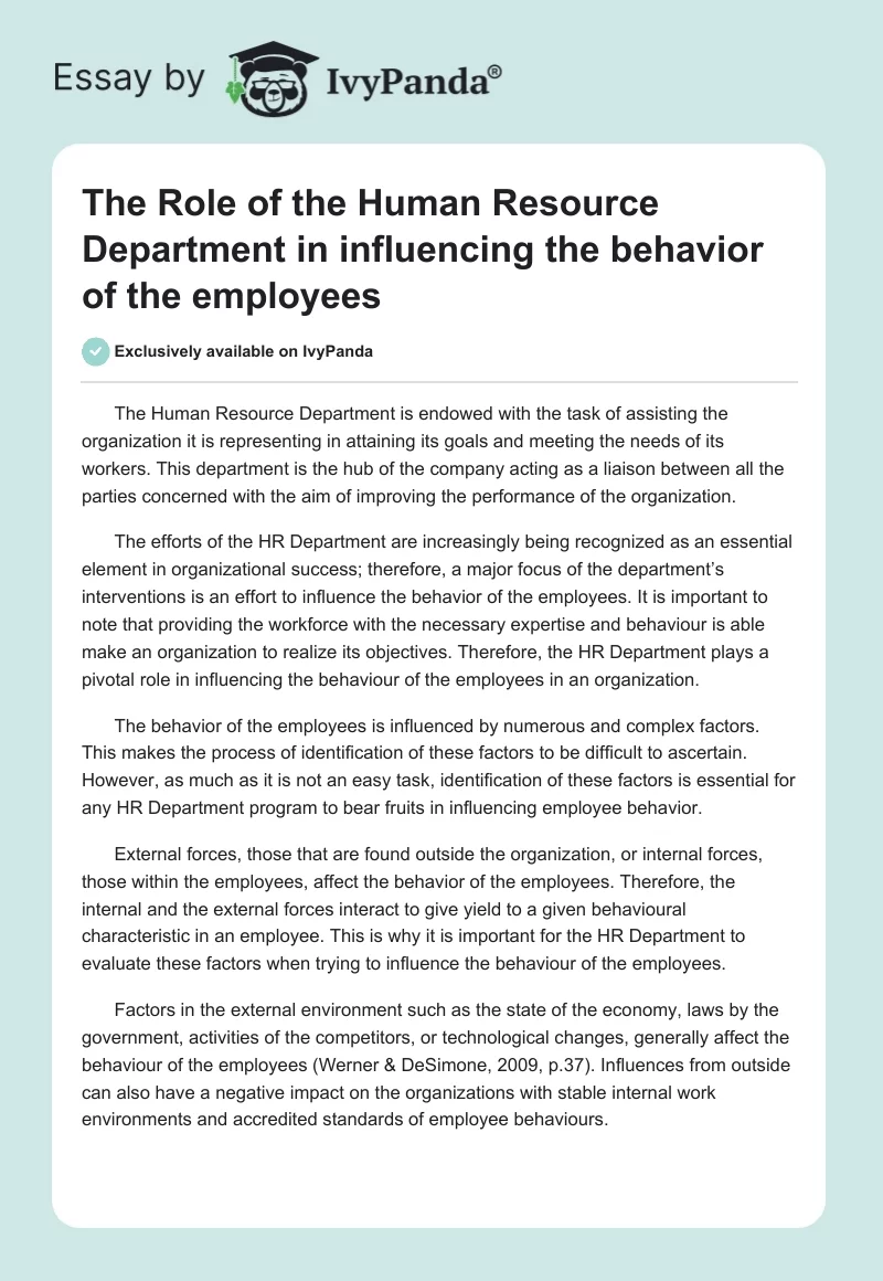 The Role of the Human Resource Department in influencing the behavior of the employees. Page 1