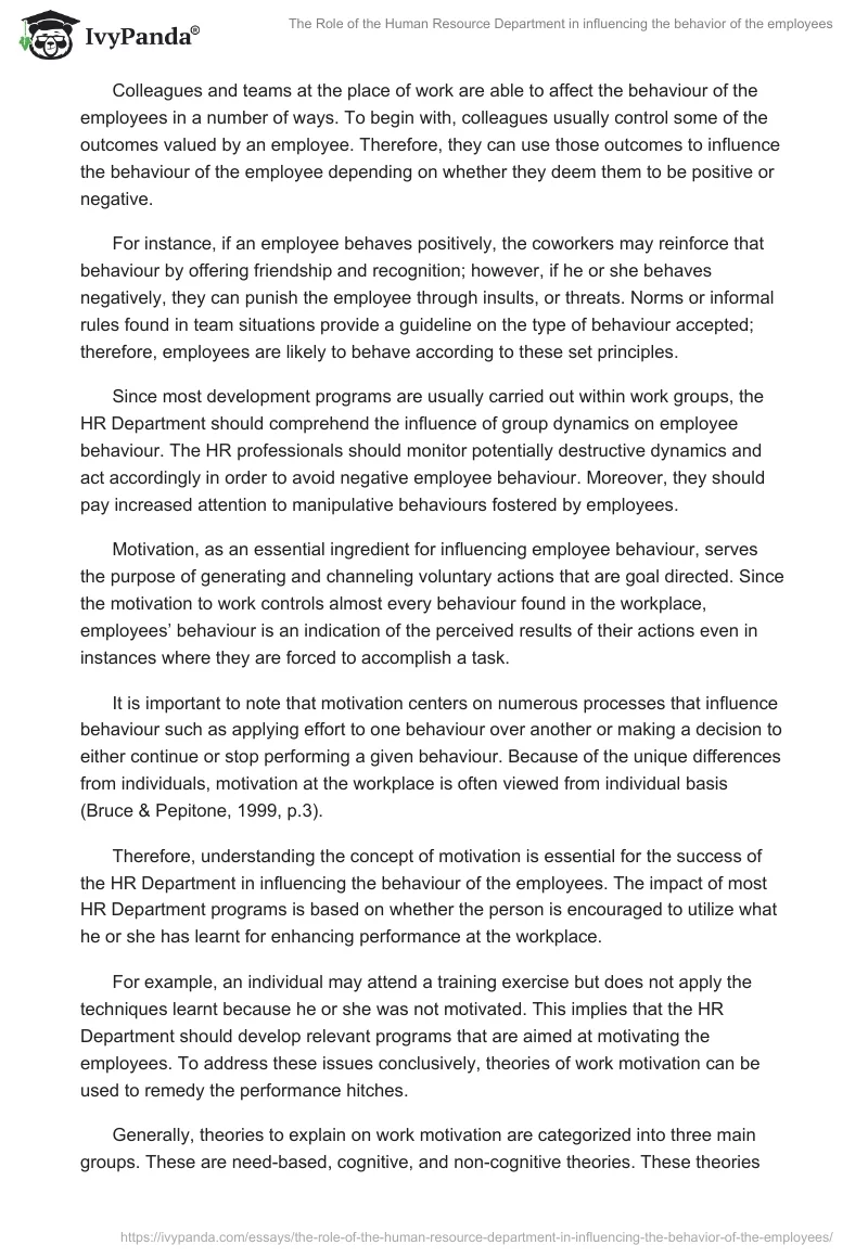 The Role of the Human Resource Department in influencing the behavior of the employees. Page 4