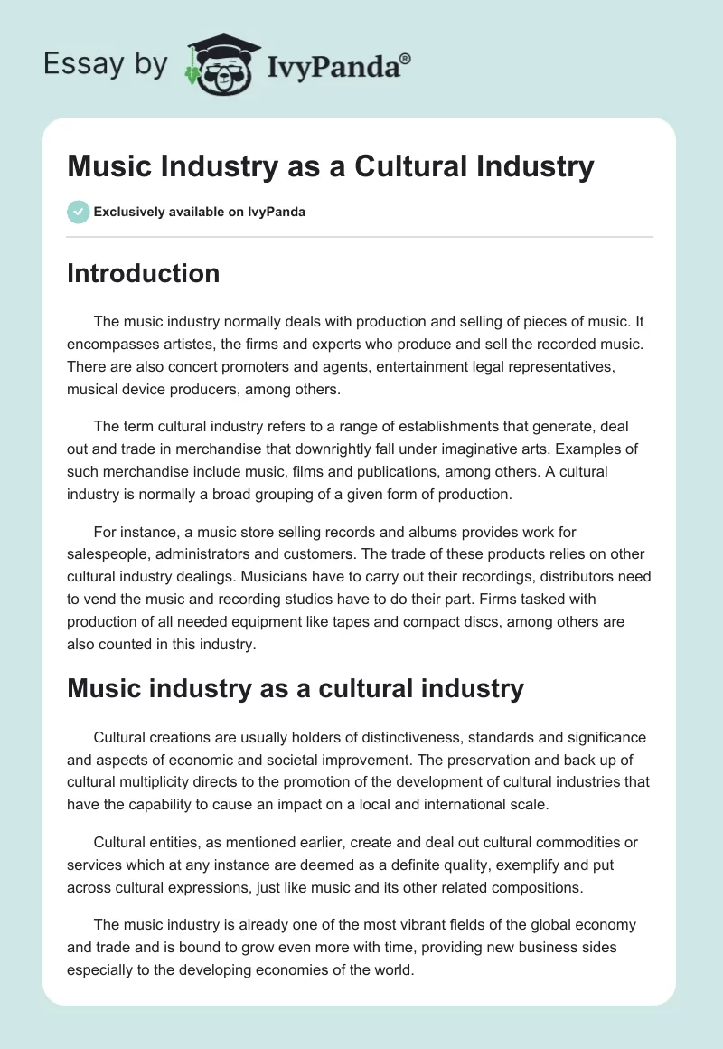 Music Industry as a Cultural Industry. Page 1