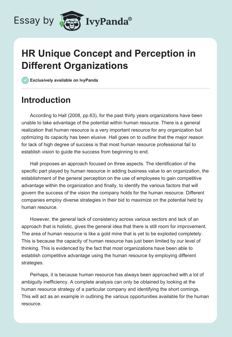 HR Unique Concept and Perception in Different Organizations. Page 1