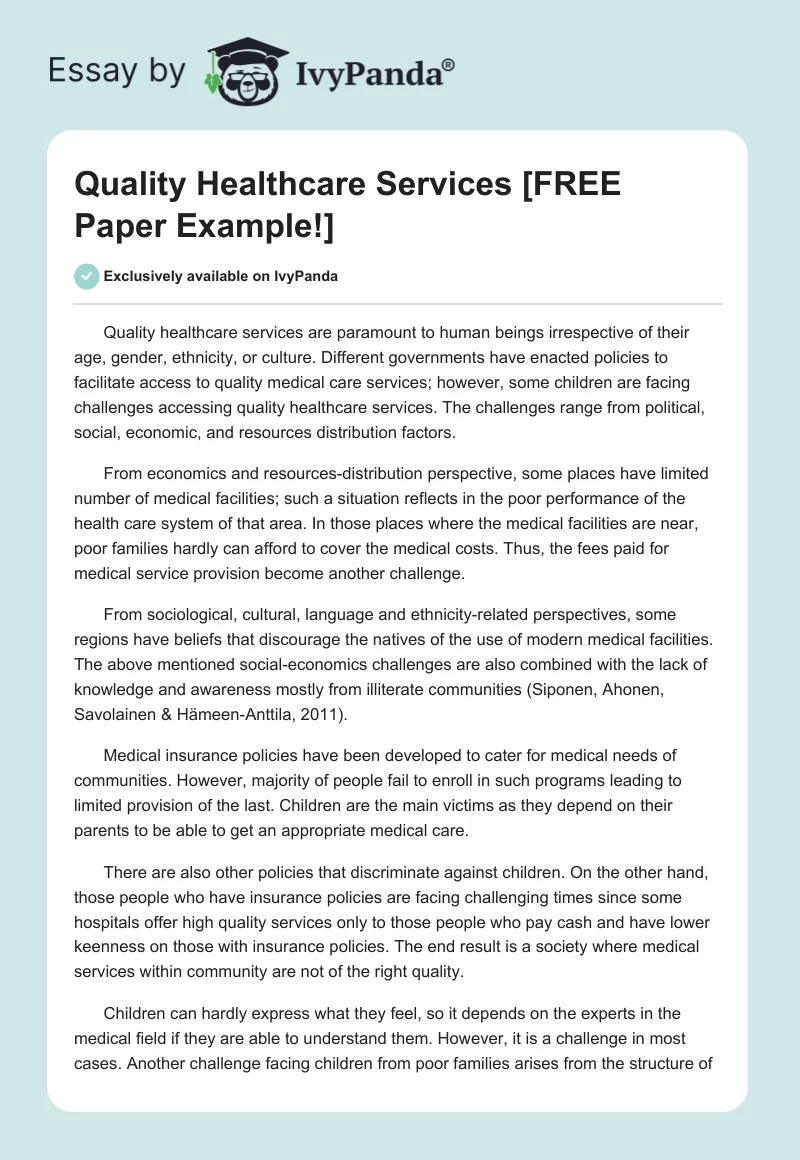 Quality Healthcare Services [FREE Paper Example!]. Page 1