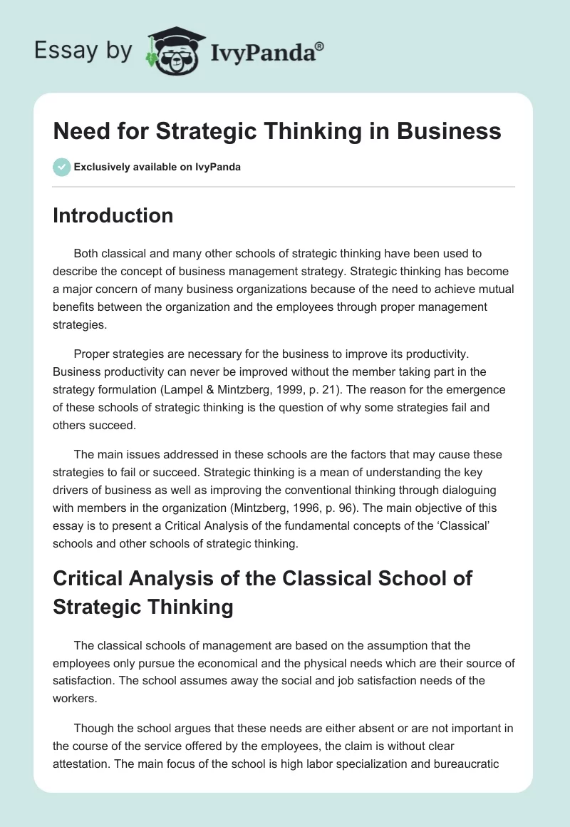 Need for Strategic Thinking in Business. Page 1