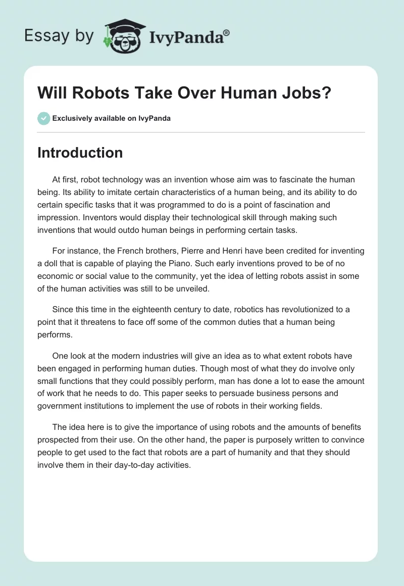 Will Robots Take Over Human Jobs?. Page 1