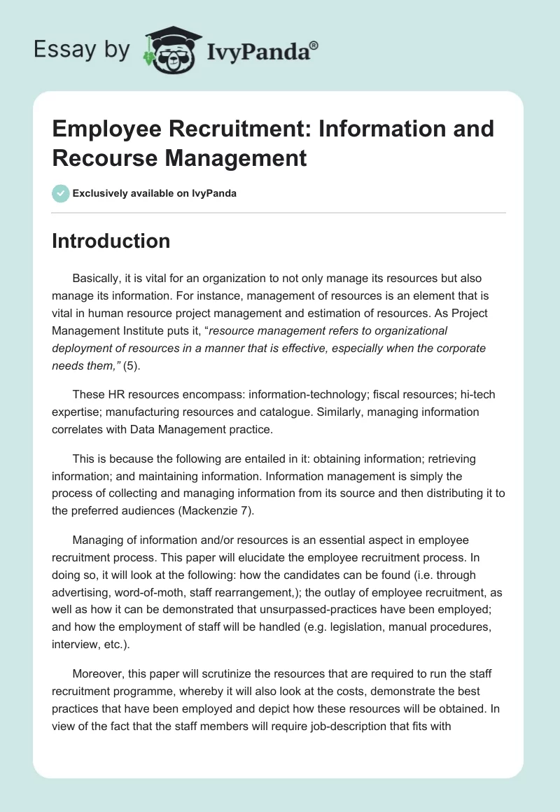 Employee Recruitment: Information and Recourse Management. Page 1