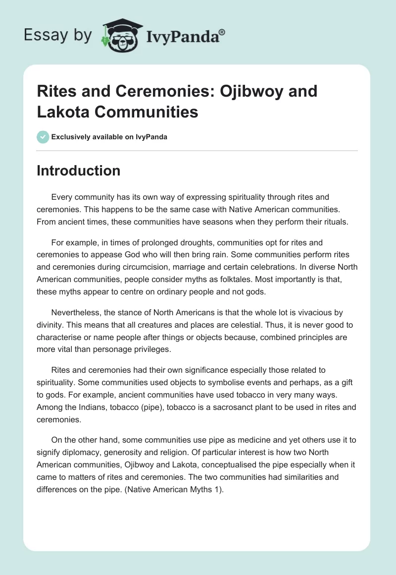 Rites and Ceremonies: Ojibwoy and Lakota Communities. Page 1