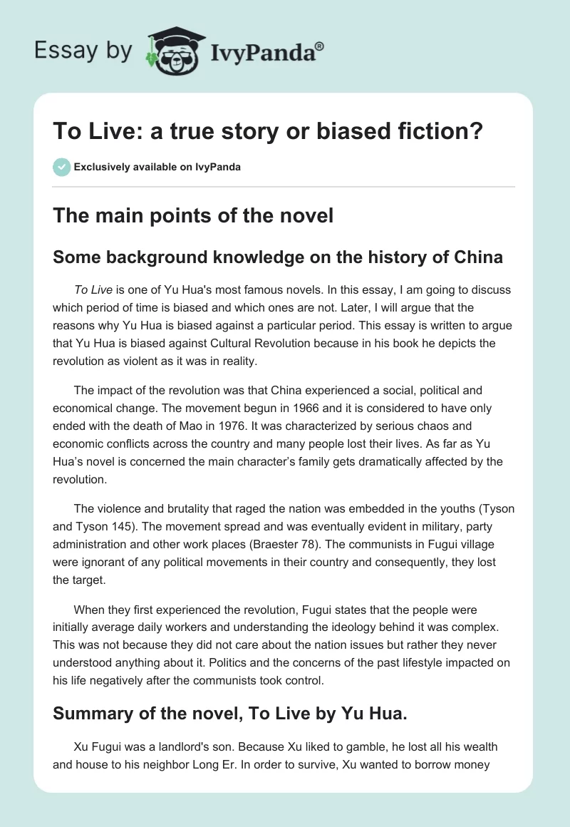 To Live: a true story or biased fiction?. Page 1