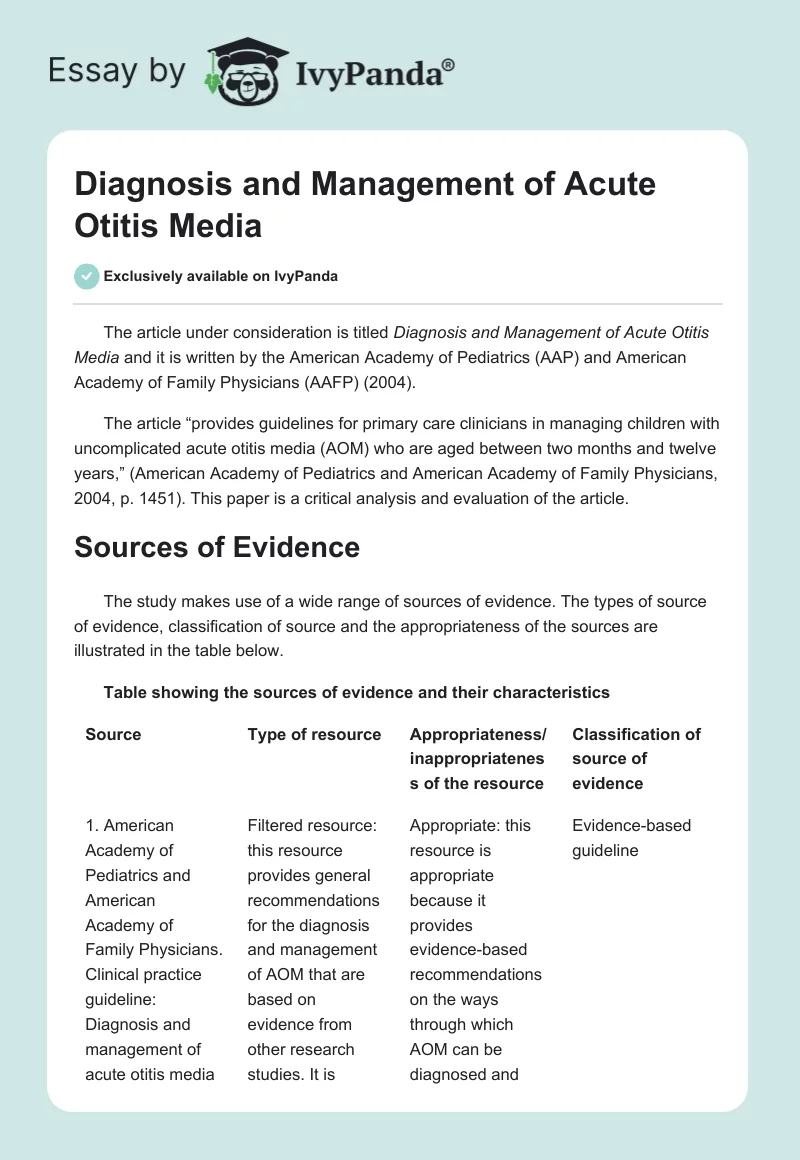 Diagnosis and Management of Acute Otitis Media. Page 1