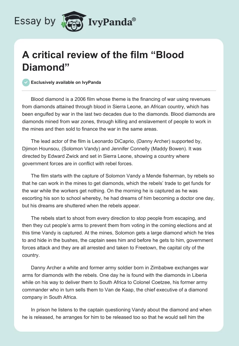 A Critical Review of the Film “Blood Diamond”. Page 1