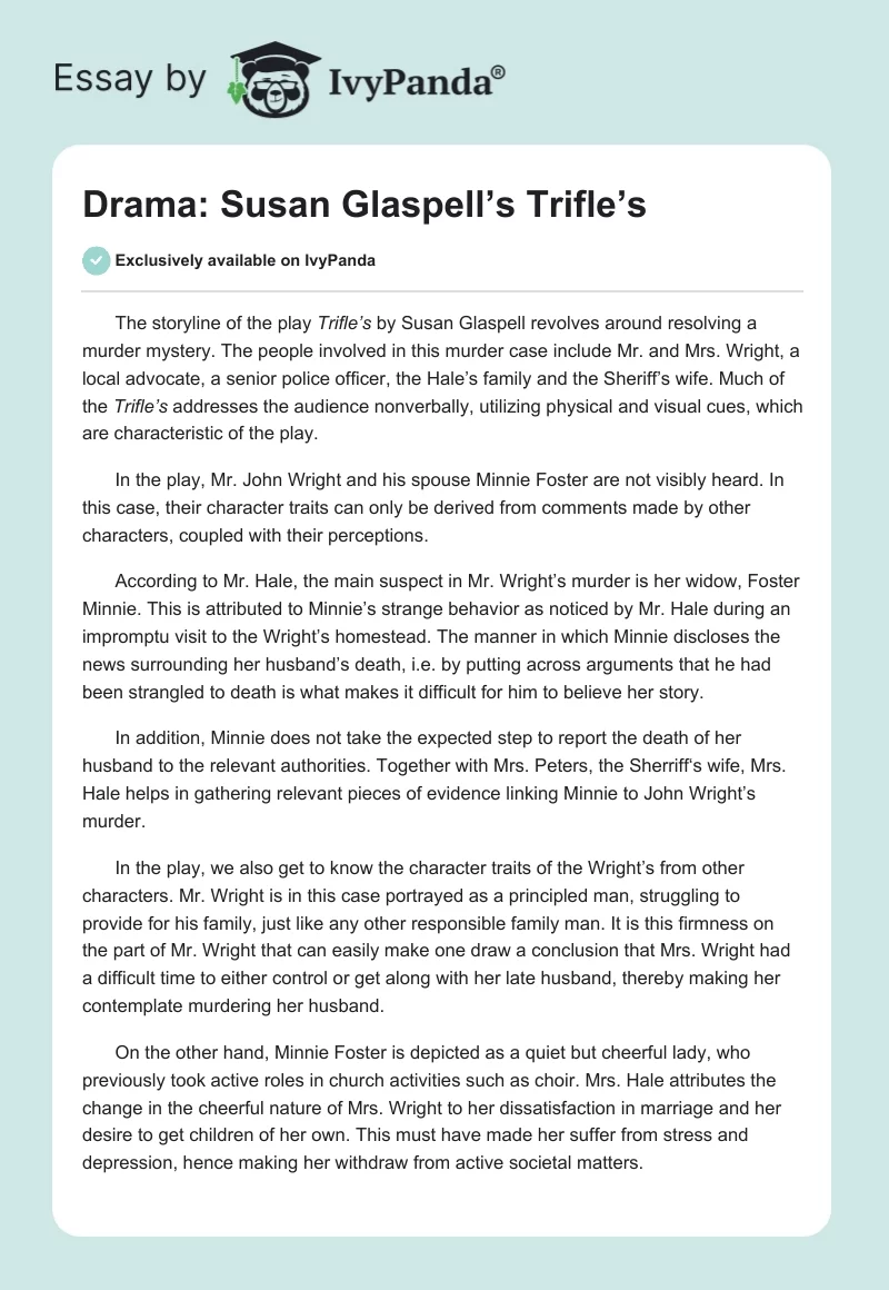 Drama: Susan Glaspell’s Trifle’s. Page 1