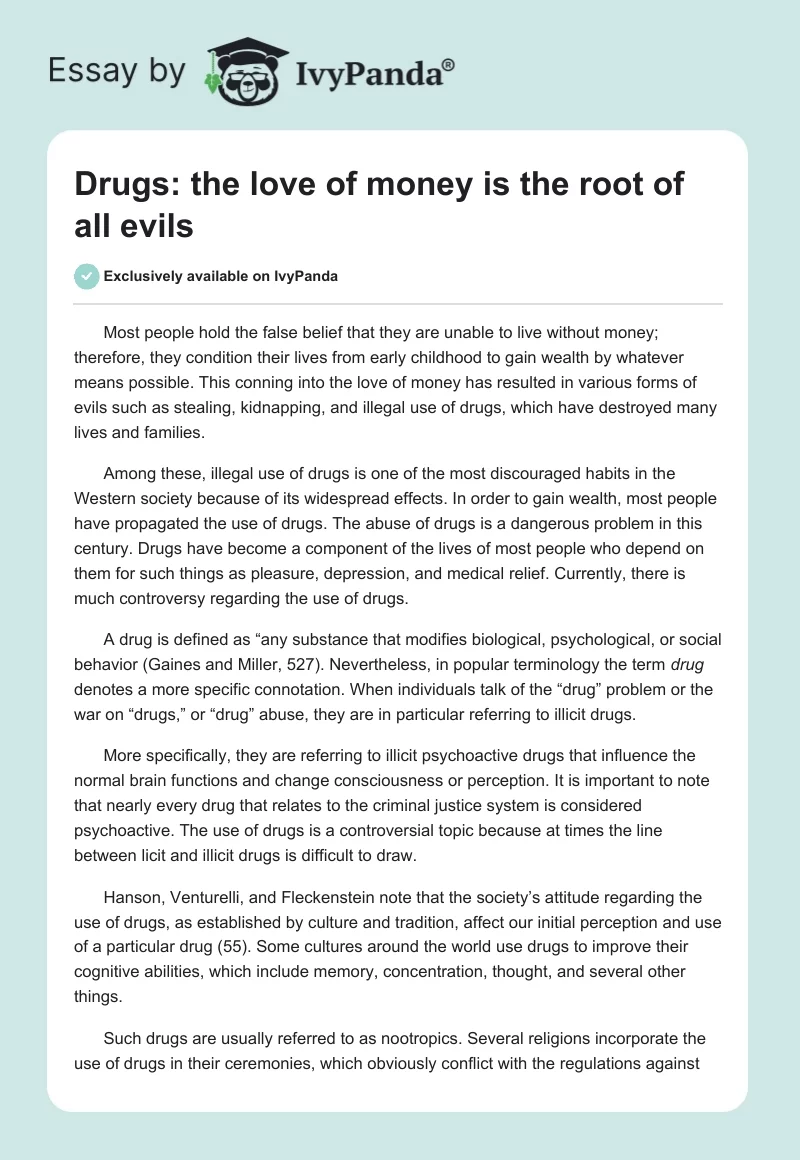 Drugs: The Love of Money Is the Root of All Evils. Page 1