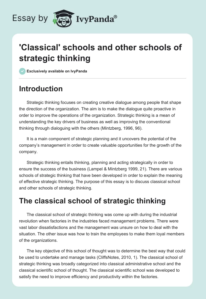 'Classical' schools and other schools of strategic thinking. Page 1