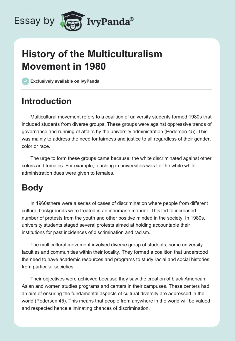 History of the Multiculturalism Movement in 1980. Page 1