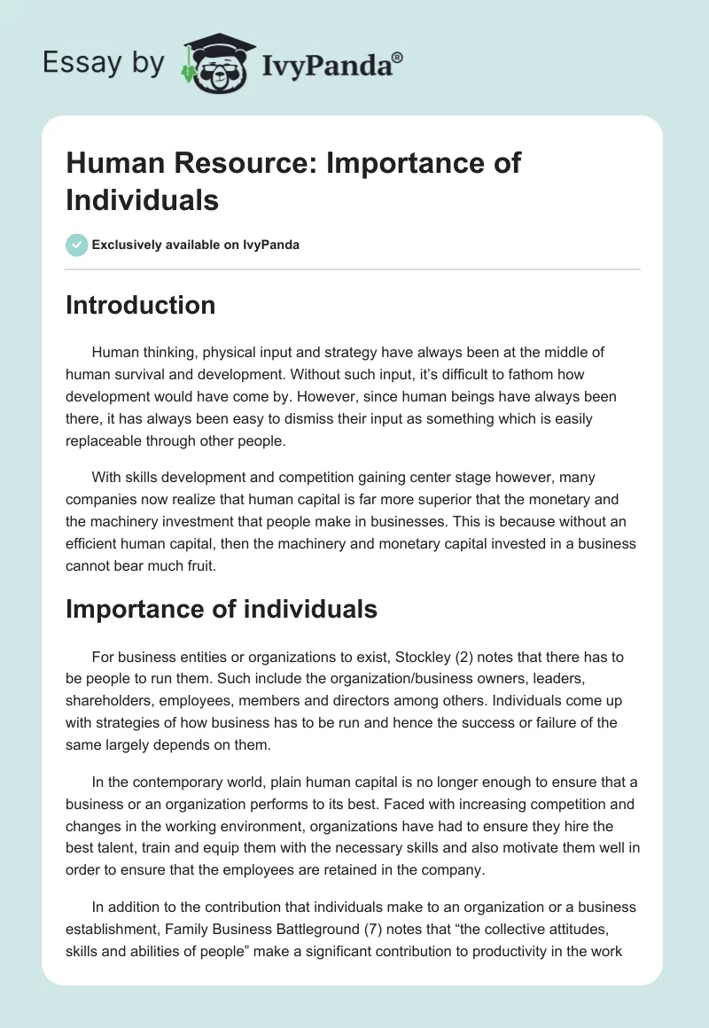 Human Resource: Importance of Individuals. Page 1