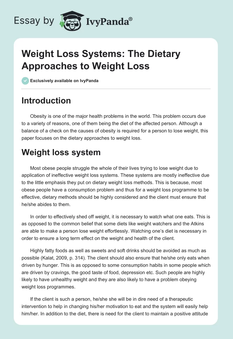 Weight Loss Systems: The Dietary Approaches to Weight Loss. Page 1