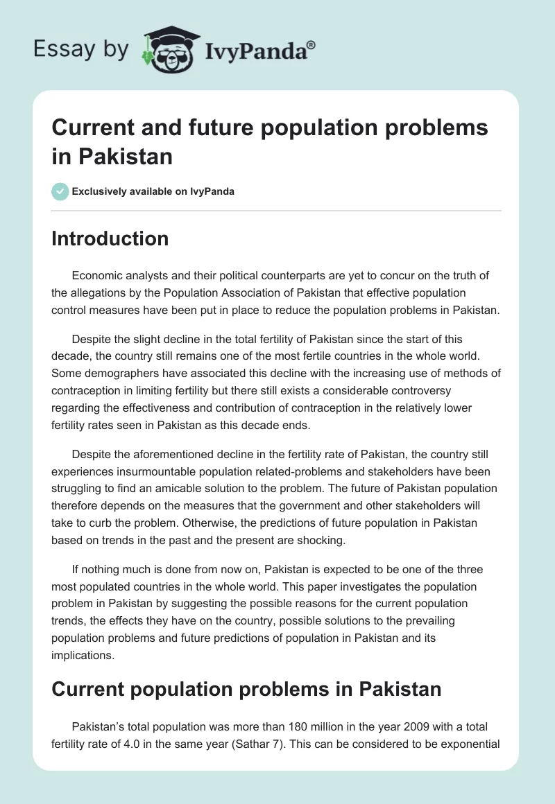Current and Future Population Problems in Pakistan. Page 1