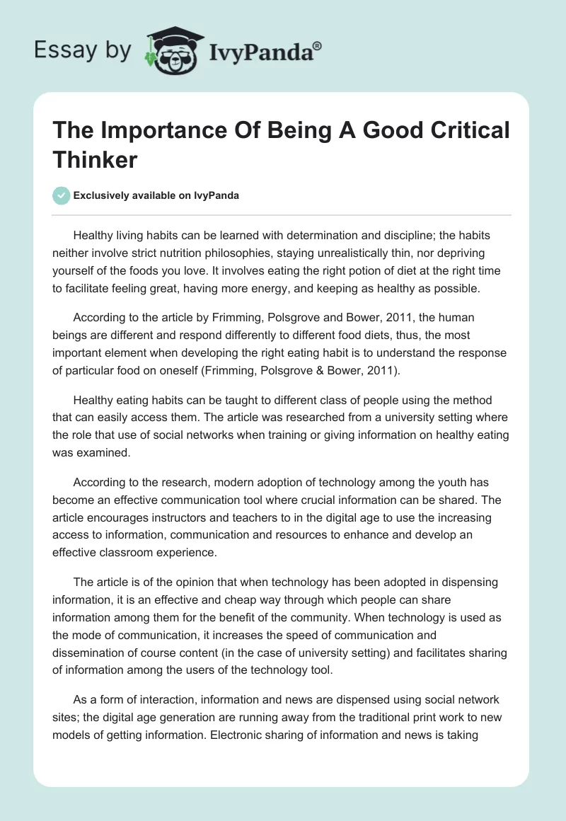 The Importance of Being a Good Critical Thinker. Page 1