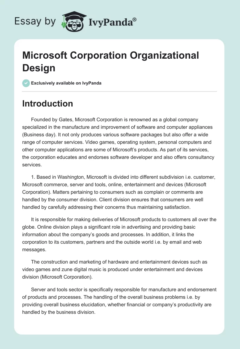 Microsoft Corporation Organizational Design. Page 1