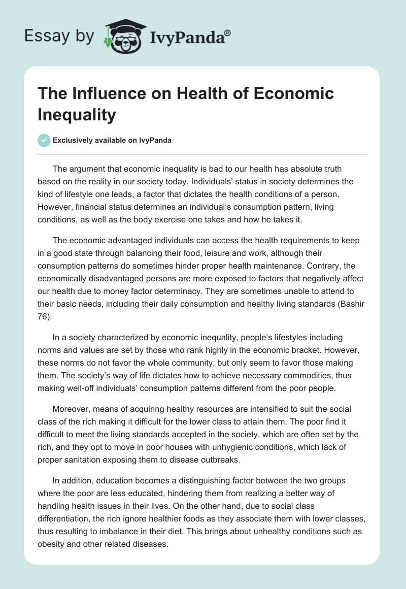 The Influence on Health of Economic Inequality. Page 1
