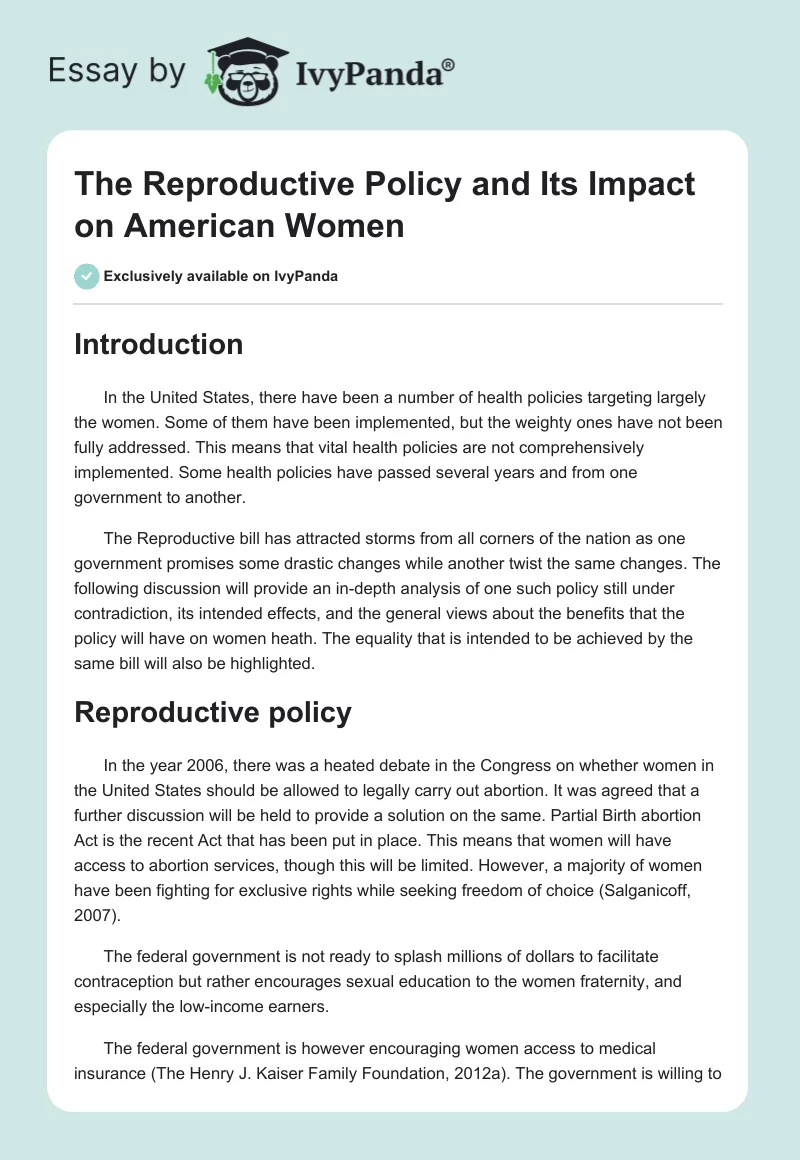 The Reproductive Policy and Its Impact on American Women. Page 1
