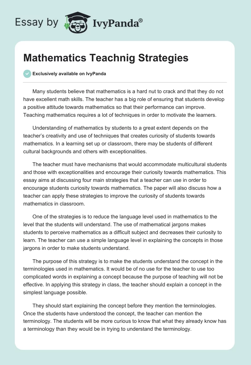 Mathematics Teachnig Strategies. Page 1