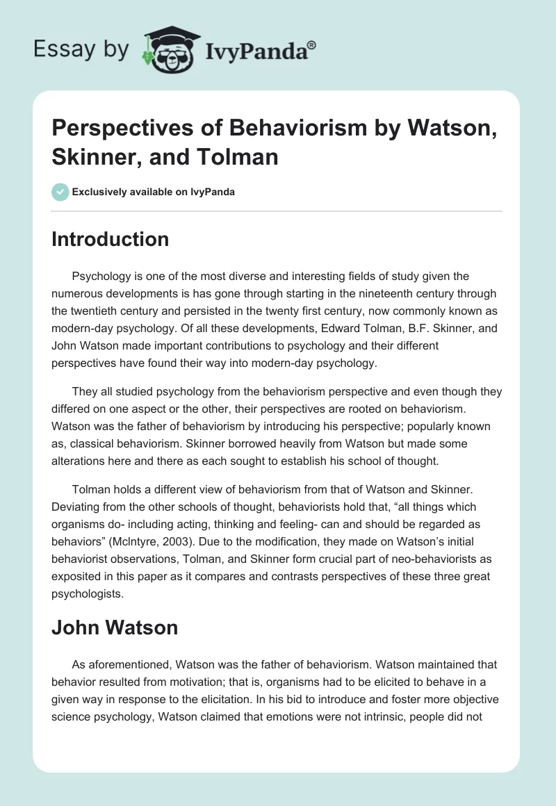 Perspectives of Behaviorism by Watson, Skinner, and Tolman. Page 1