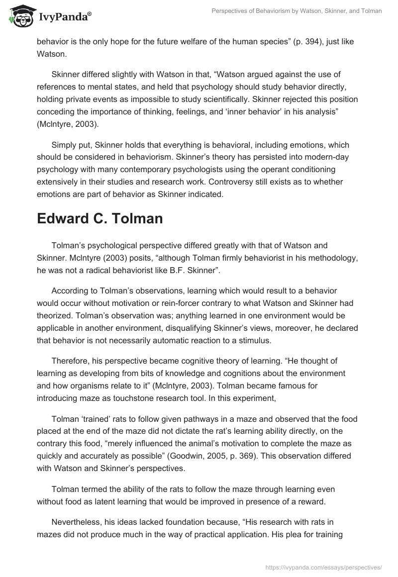 Perspectives of Behaviorism by Watson, Skinner, and Tolman. Page 3