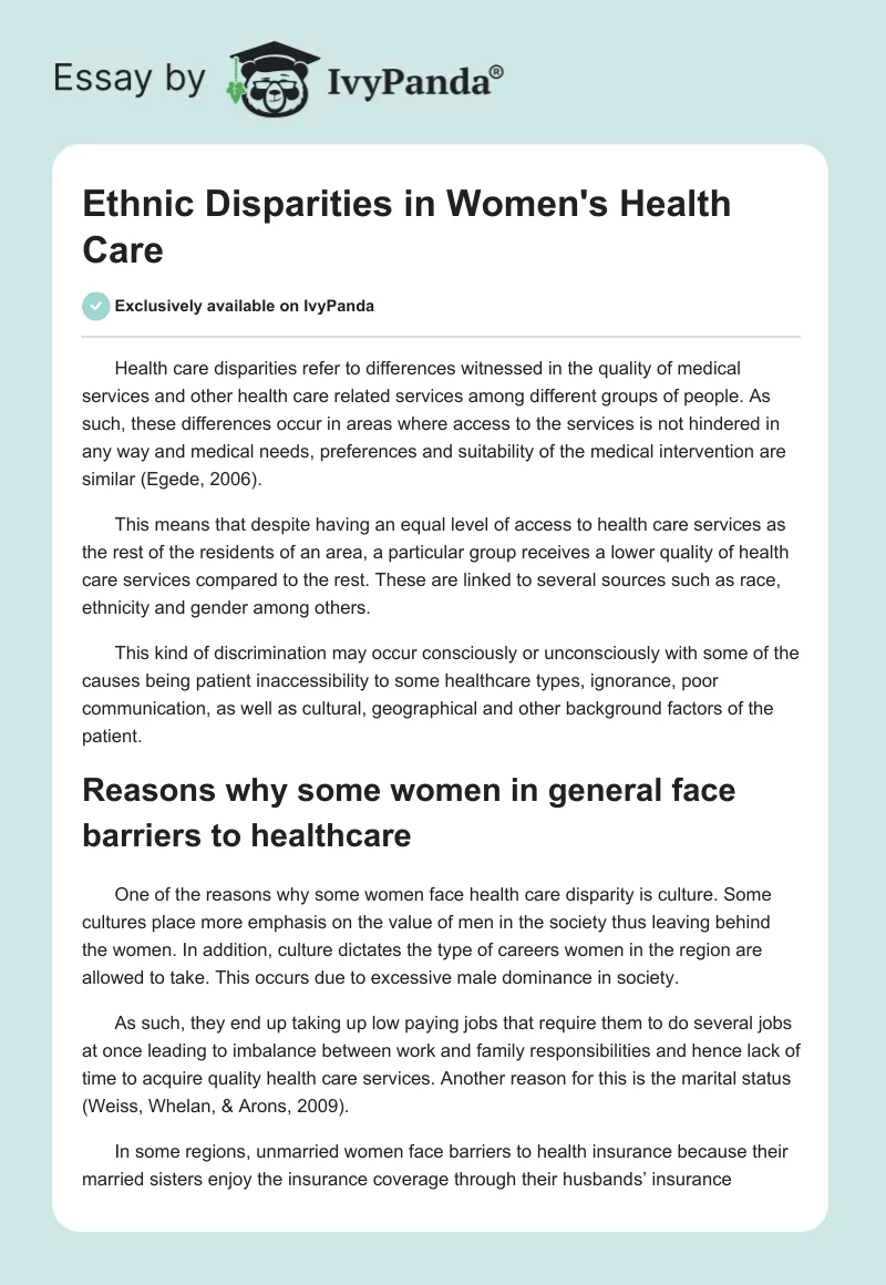 Ethnic Disparities in Women's Health Care. Page 1