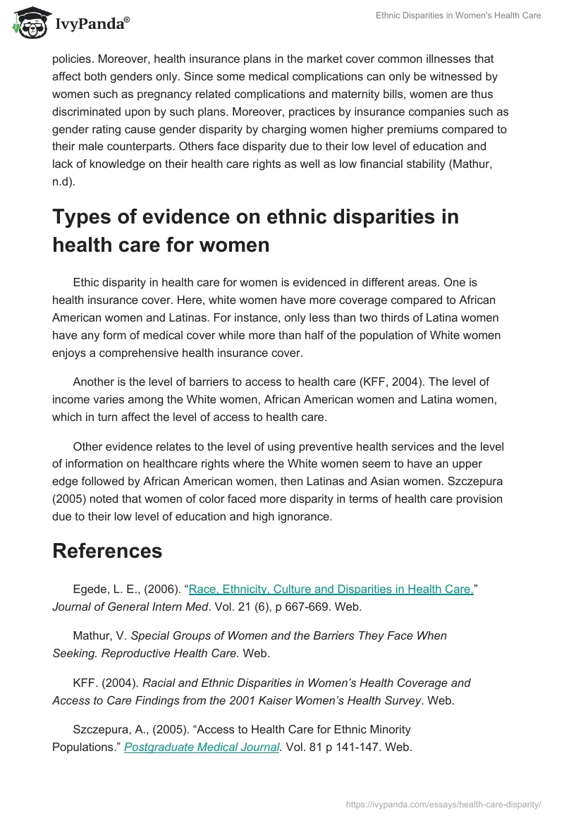Ethnic Disparities in Women's Health Care. Page 2