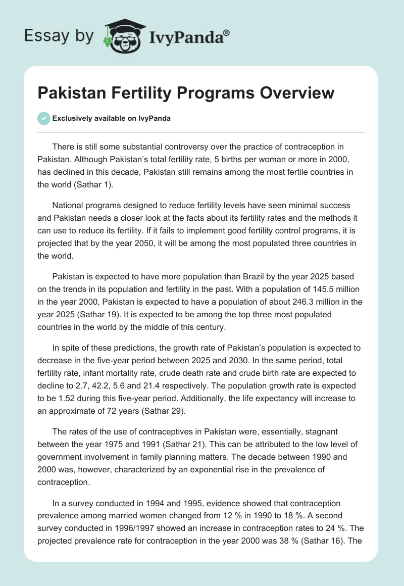 Pakistan Fertility Programs Overview. Page 1