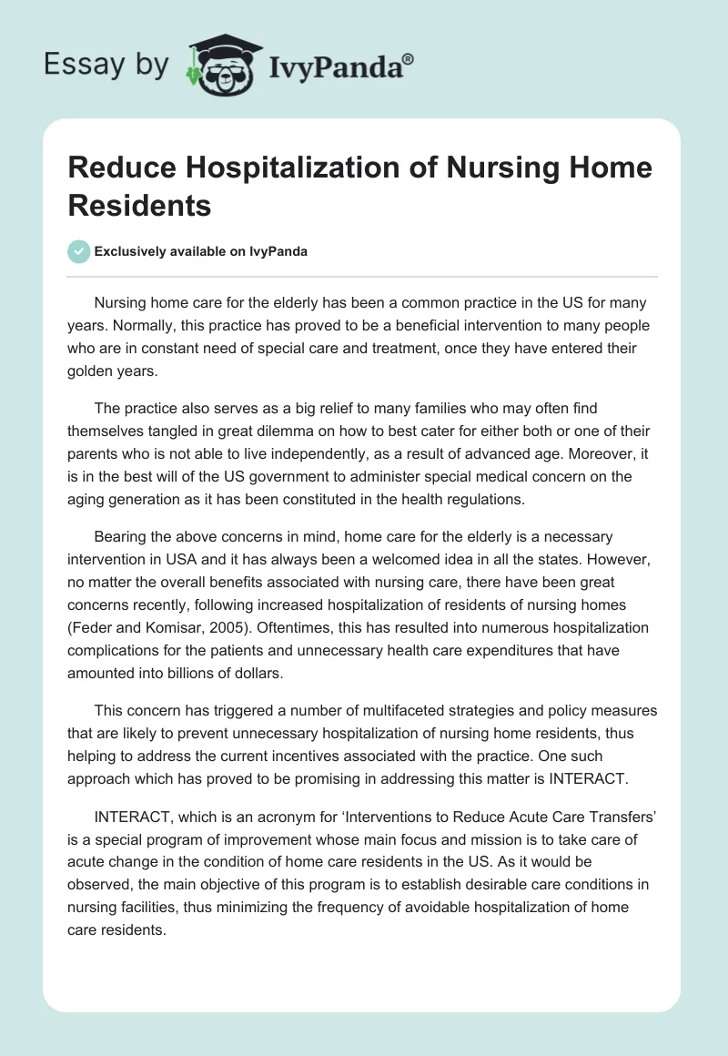 Reduce Hospitalization of Nursing Home Residents. Page 1