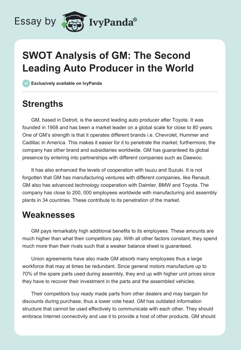 SWOT Analysis of GM: The Second Leading Auto Producer in the World. Page 1