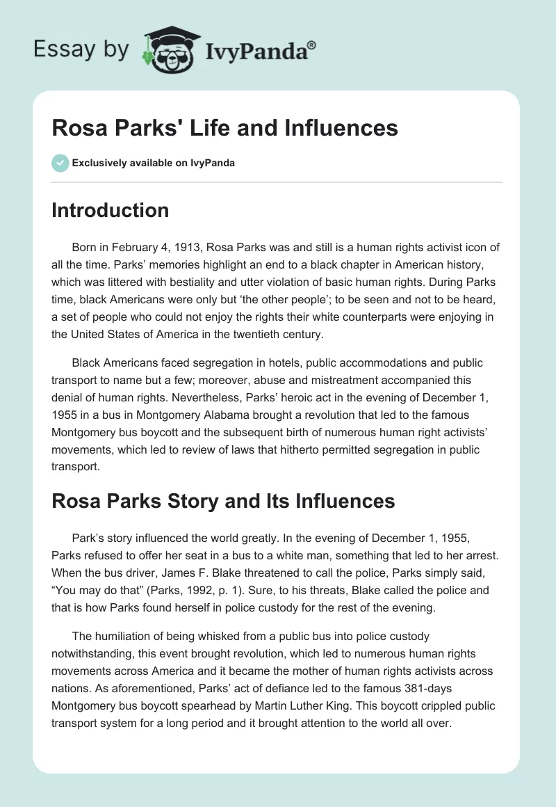 Rosa Parks' Life and Influences. Page 1