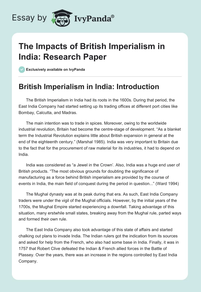 The Impacts of British Imperialism in India: Research Paper. Page 1