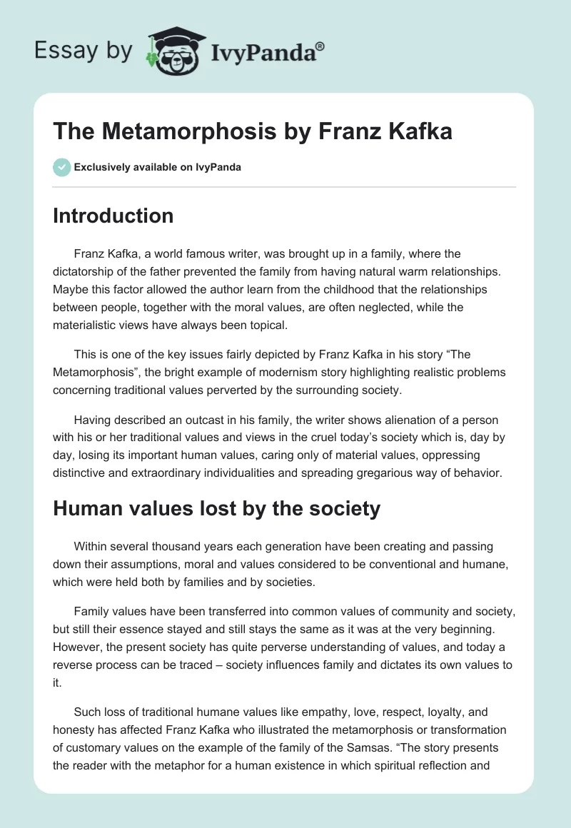 Social Issues in "The Metamorphosis" by Franz Kafka. Page 1