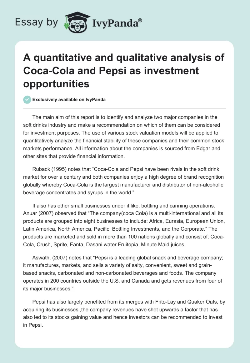 A Quantitative and Qualitative Analysis of Coca-Cola and Pepsi as Investment Opportunities. Page 1
