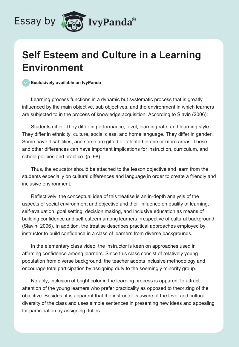 Self Esteem and Culture in a Learning Environment. Page 1