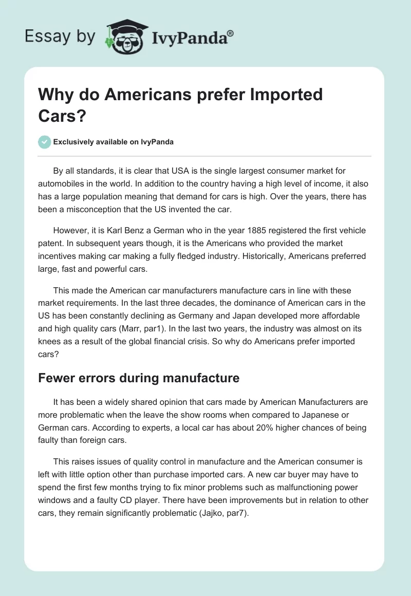 Why Do Americans Prefer Imported Cars?. Page 1