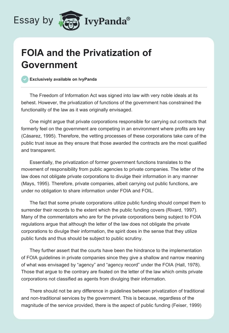 FOIA and the Privatization of Government. Page 1