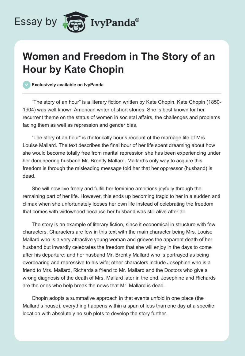 Women and Freedom in "The Story of an Hour" by Kate Chopin. Page 1