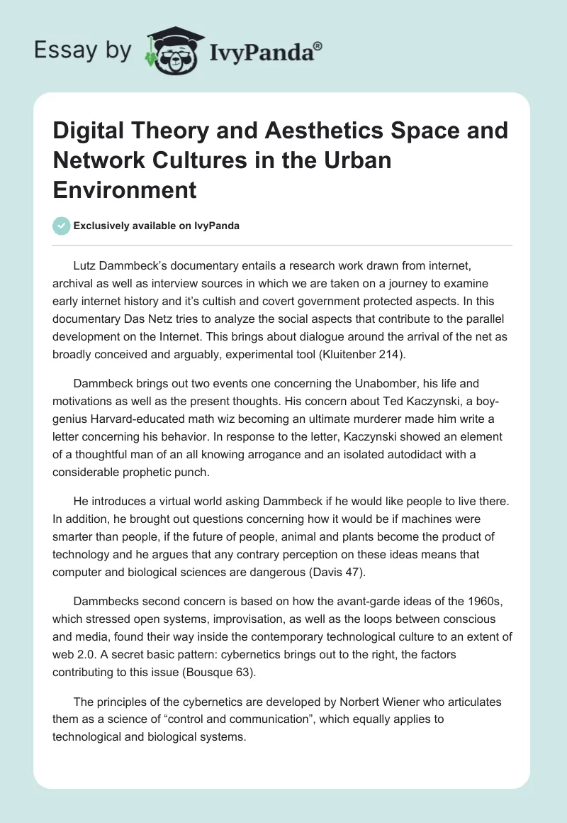 Digital Theory and Aesthetics Space and Network Cultures in the Urban Environment. Page 1