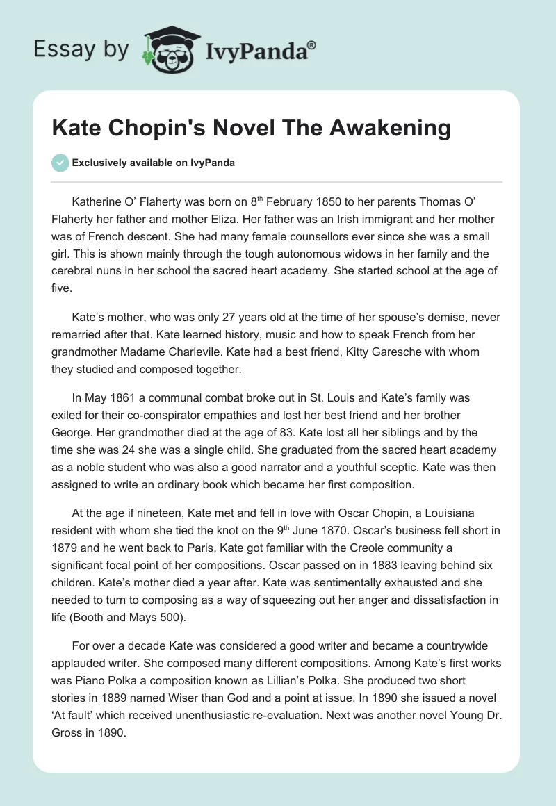 Kate Chopin's Novel The Awakening. Page 1