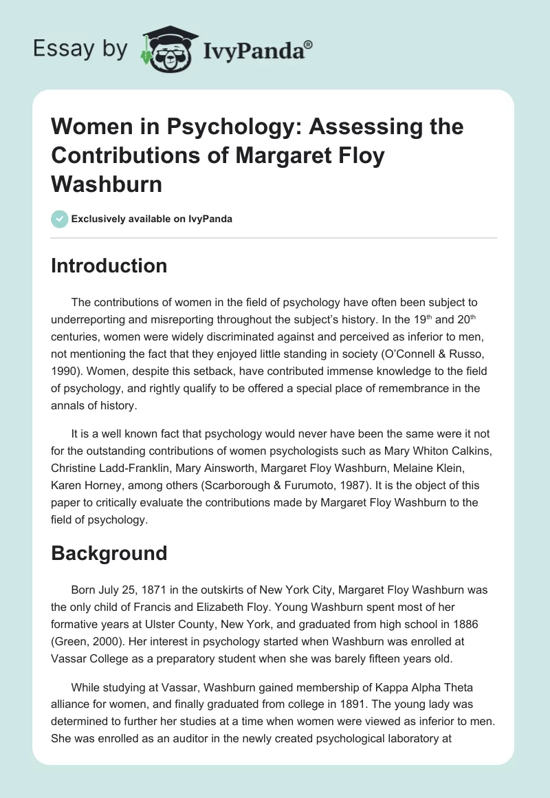 Women in Psychology: Assessing the Contributions of Margaret Floy Washburn. Page 1