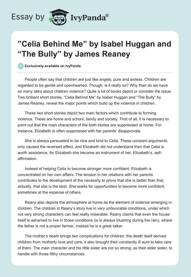”Celia Behind Me” by Isabel Huggan and “The Bully” by James Reaney. Page 1
