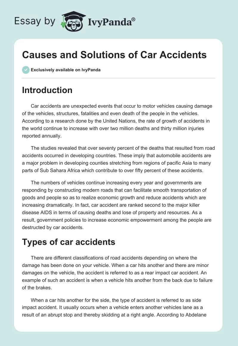 Causes and Solutions of Car Accidents. Page 1