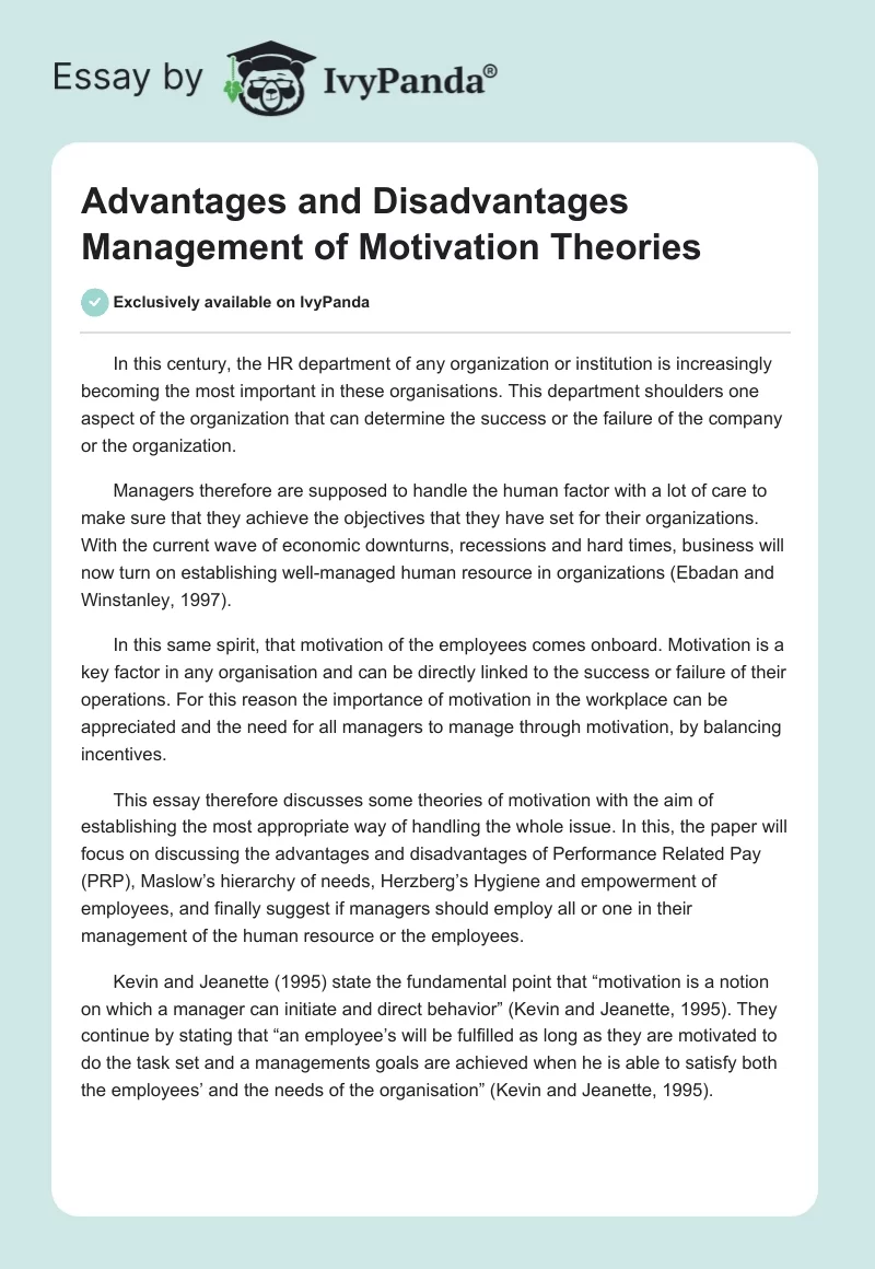 Advantages and Disadvantages Management of Motivation Theories. Page 1