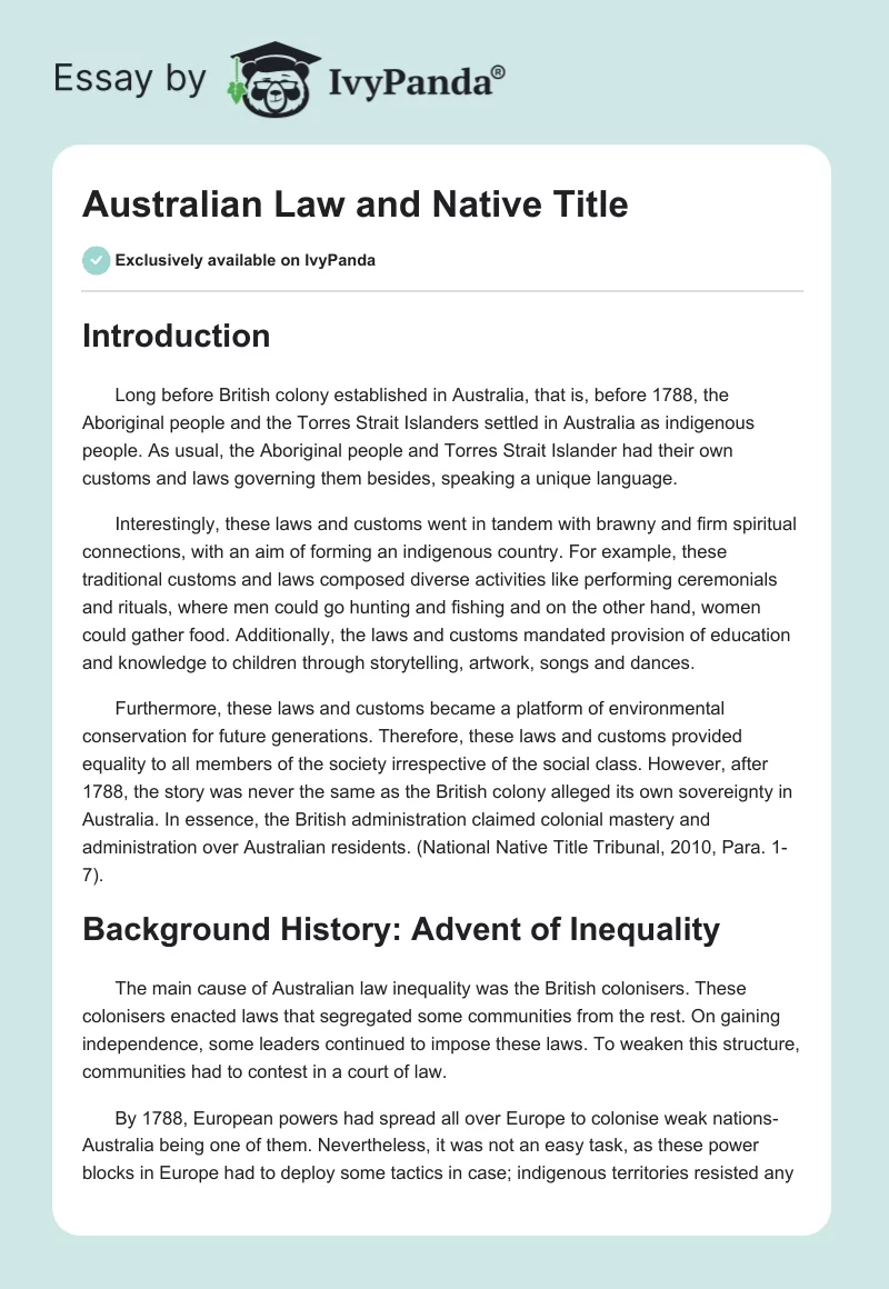 Australian Law and Native Title. Page 1