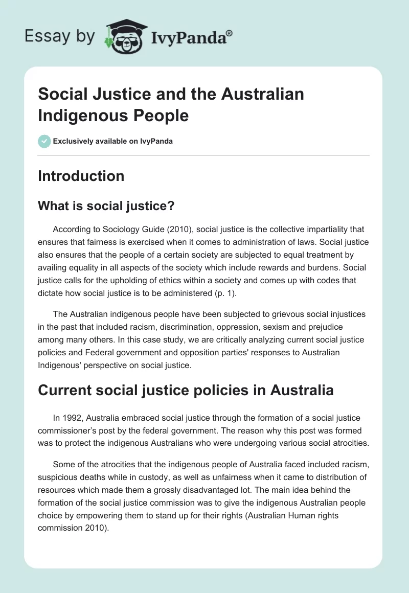 Social Justice and the Australian Indigenous People. Page 1