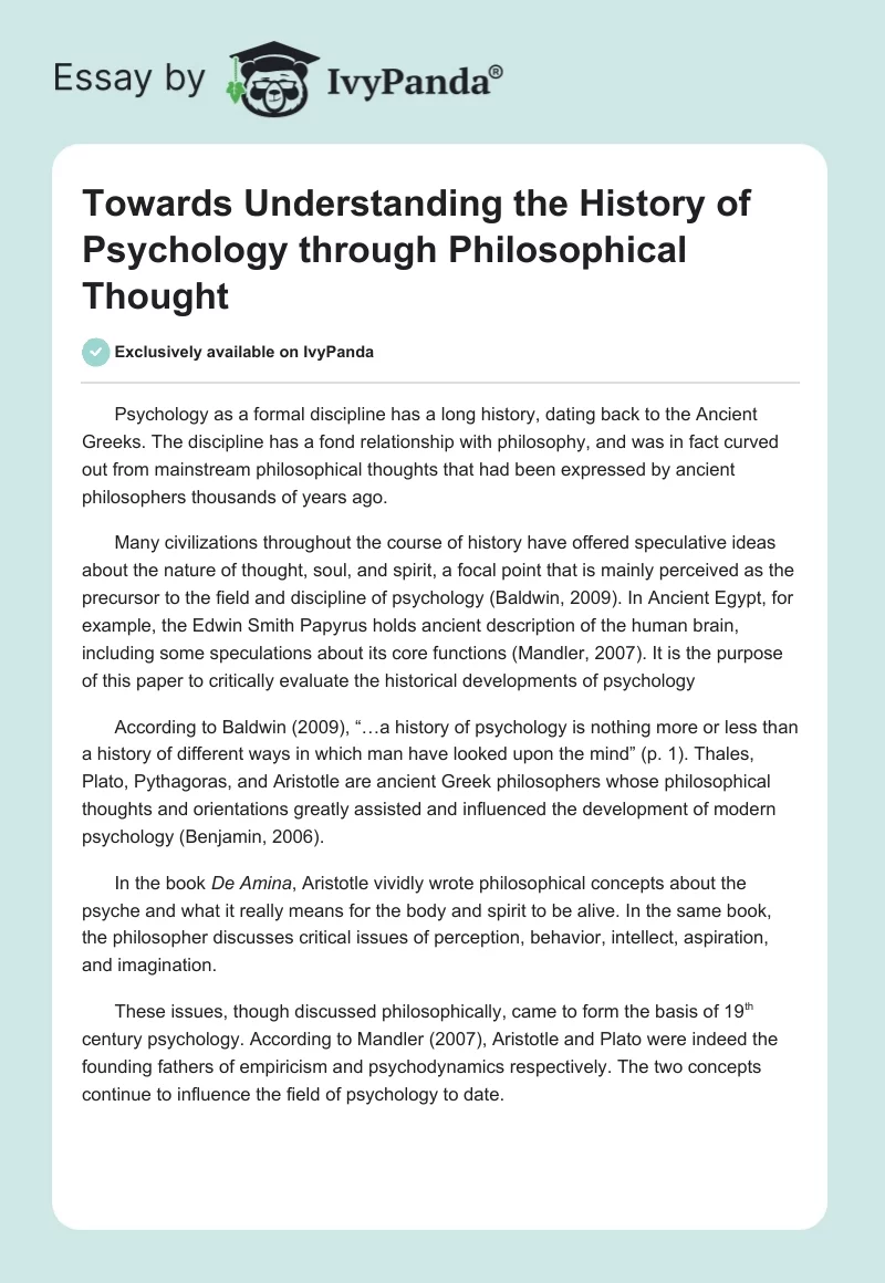 Towards Understanding the History of Psychology through Philosophical Thought. Page 1