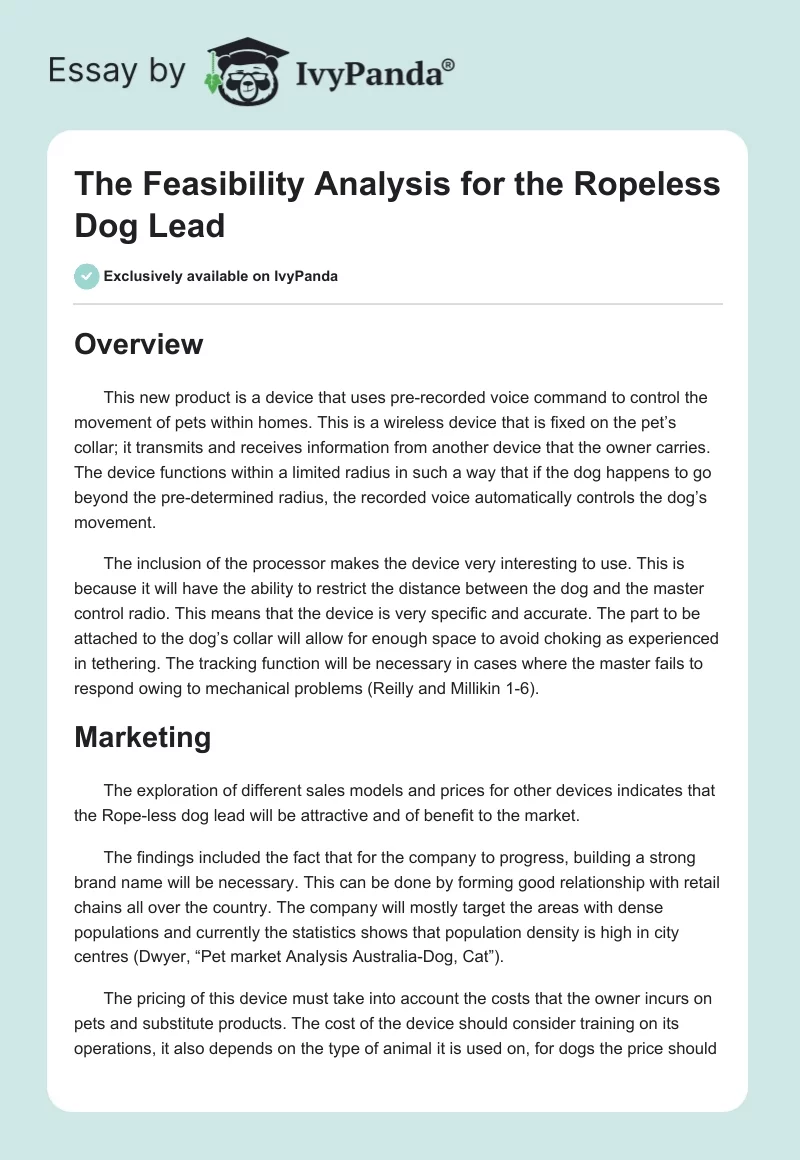 The Feasibility Analysis for the Ropeless Dog Lead. Page 1