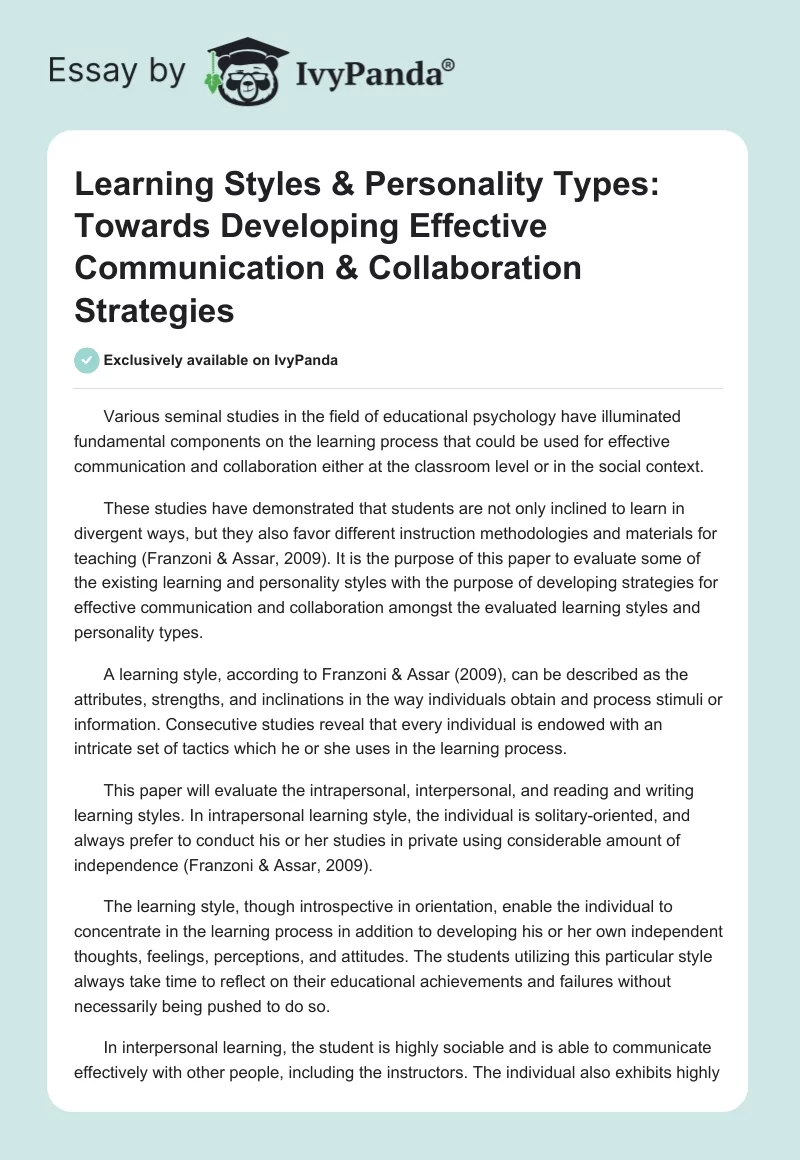 Learning Styles & Personality Types: Towards Developing Effective Communication & Collaboration Strategies. Page 1